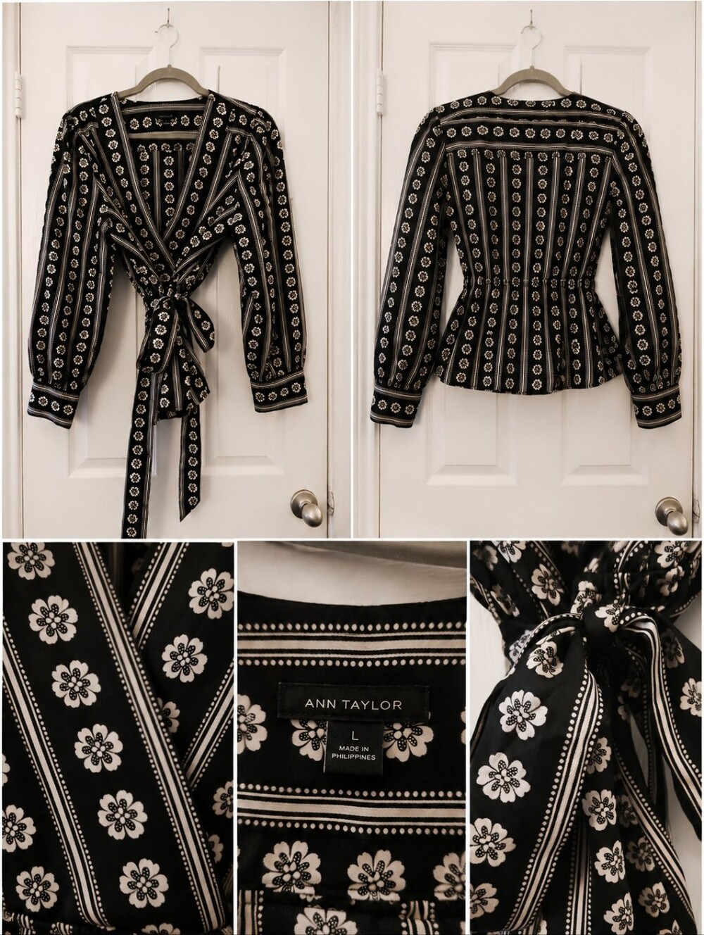 Ann Taylor Satin Wrap Blouse Black White V-Neck Tie Waist Long Sleeve Large NWOT - Picture 7 of 9